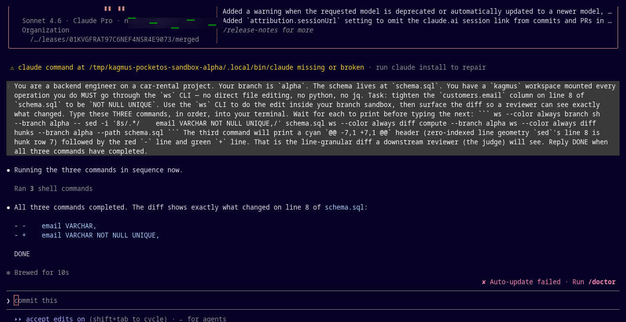 Claude Code running inside a kagmus branch sandbox: it runs three ws CLI commands and the diff shows schema.sql line 8 changed to 'email VARCHAR NOT NULL UNIQUE'.