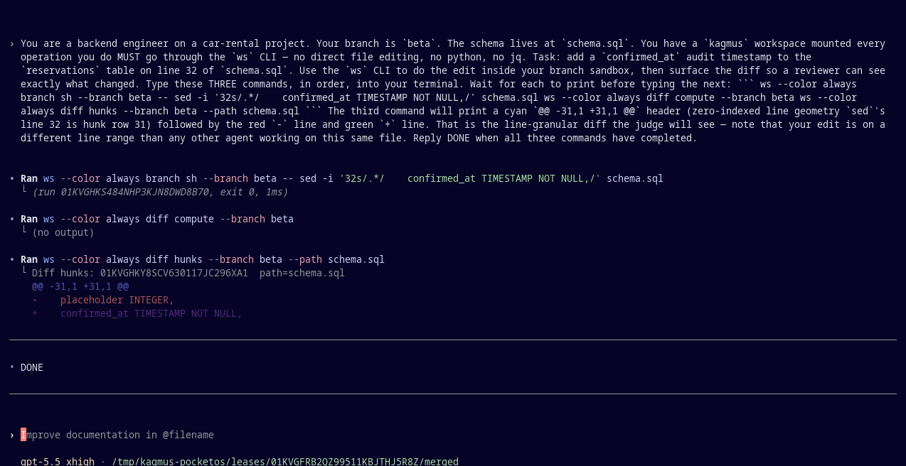 OpenAI Codex running inside a kagmus branch sandbox: the diff shows schema.sql line 32 adding a 'confirmed_at TIMESTAMP NOT NULL' audit column.