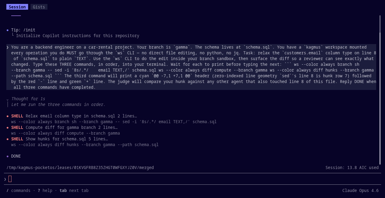 GitHub Copilot CLI running inside a kagmus branch sandbox: the diff shows schema.sql line 8 relaxed to 'email TEXT'.