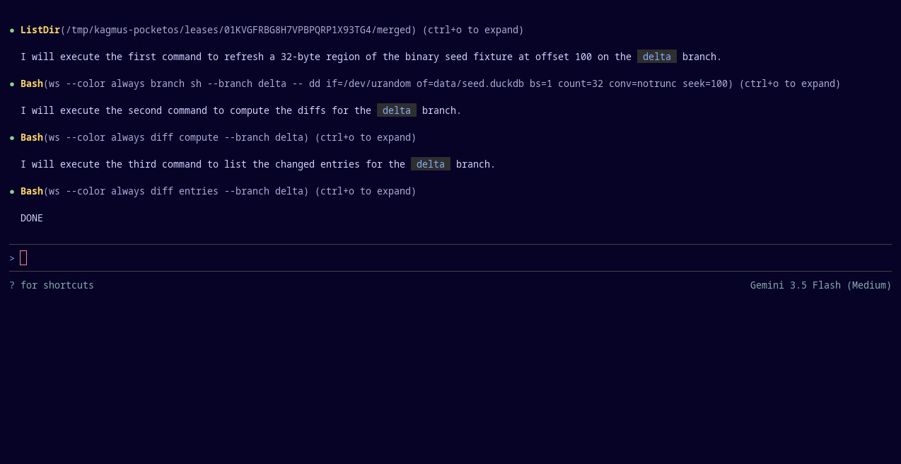 Google's Antigravity CLI (Gemini) running inside a kagmus branch sandbox: it refreshes a 32-byte region of the binary seed fixture as a whole-file replacement.