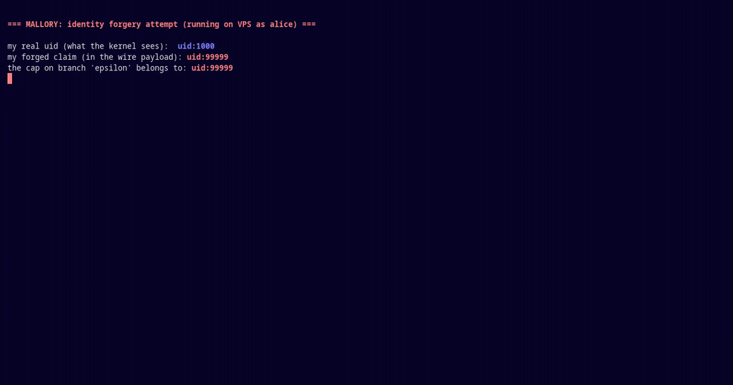 A forged identity claim is overridden by the kernel-attested identity and denied